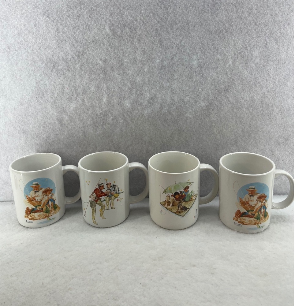 Classic White Ceramic Beach Illustration Mug - Set of 4